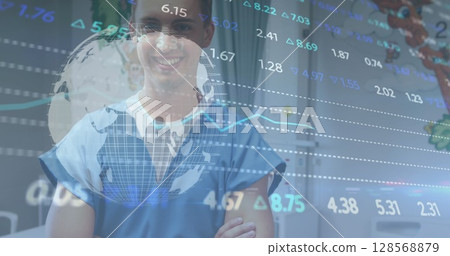 Image of data processing and statistics over smiling male doctor 128568879