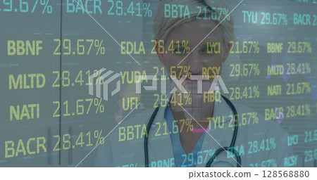 Image of data processing over female doctor with stethoscope 128568880