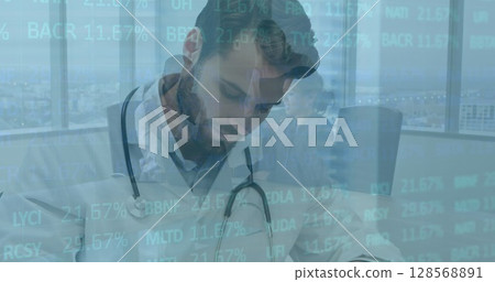 Image of data processing over male doctor with stethoscope 128568891