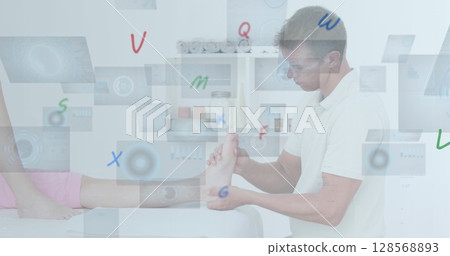 Image of letters changing and scopes on screens over male physiotherapist with patient 128568893