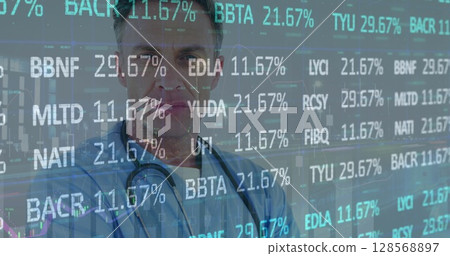 Image of data processing over male doctor with stethoscope Image of data processing over male doctor with stethoscope 128568897