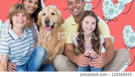 Image of happy parents with son, daughter and pet dog, with heart balloons on pink background Image of happy parents with son, daughter and pet dog, with heart balloons on pink background 128568935