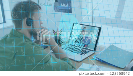 Image of biometric fingerprint over caucasian man using phone headset and laptop 128568942