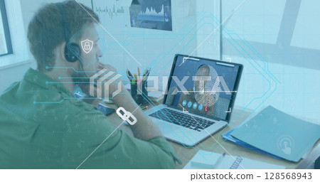 Image of biometric fingerprint and icons over caucasian man using phone headset and laptop Image of biometric fingerprint and icons over caucasian man using phone headset and laptop 128568943