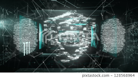 Image of biometric fingerprint and online security padlock over network of connections Image of biometric fingerprint and online security padlock over network of connections 128568964
