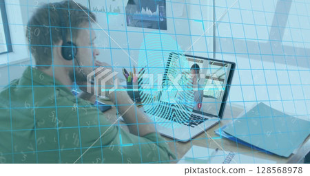 Image of biometric fingerprint over caucasian man using phone headset and laptop Image of biometric fingerprint over caucasian man using phone headset and laptop 128568978