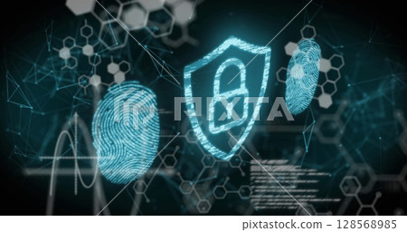 Image of biometric fingerprint and online security padlock over data processing 128568985