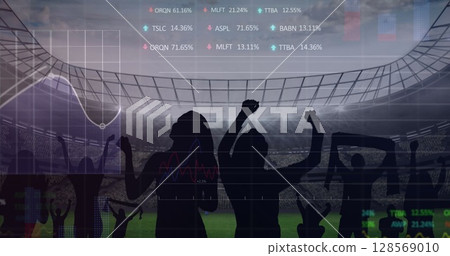 Image of graphs and data processing over cheering sports fans at stadium Image of graphs and data processing over cheering sports fans at stadium 128569010