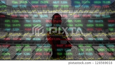 Image of data processing over female athlete at sports stadium 128569018