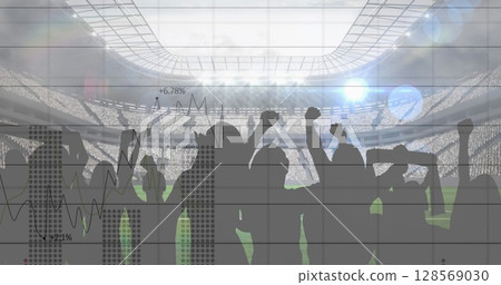Image of graphs and data processing over fans cheering at sports stadium 128569030