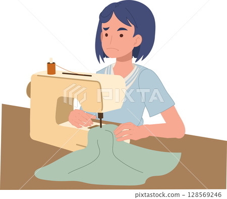 beginner woman sewing with machine looking confused. beginner woman sewing with machine looking confused. 128569246