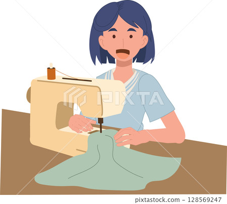 A young woman sewing fabric on a sewing machine in a flat cartoon illustration 128569247