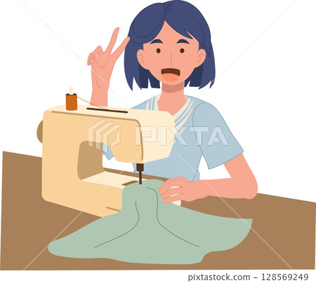 A young woman sewing fabric on a sewing machine in a flat cartoon illustration A young woman sewing fabric on a sewing machine in a flat cartoon illustration 128569249