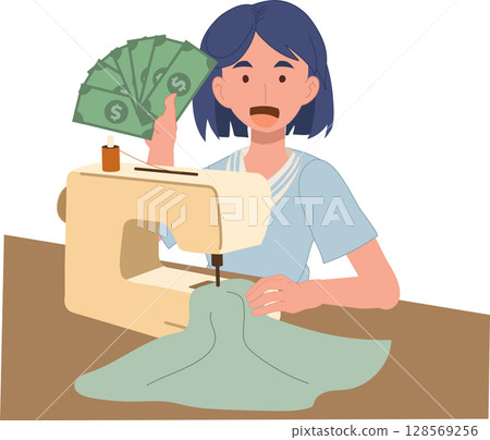 successful woman sewing and holding money fan to show handmade business income in home fashion studio 128569256