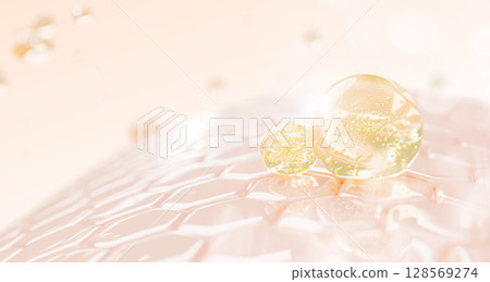 3d oil drops texture on epidermis skin layer with hexagon cell pattern. Cosmetic skincare render background with gold liquid bubbles of collagen serum, retinol gel, hyaluronic essence. 3D illustration 128569274