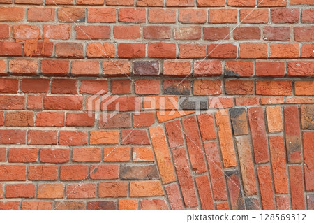 Red grunge brick wall, abstract background texture with old dirty and vintage style pattern. 128569312
