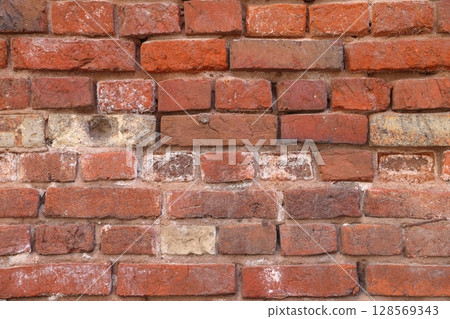 Red grunge brick wall, abstract background texture with old dirty and vintage style pattern. 128569343