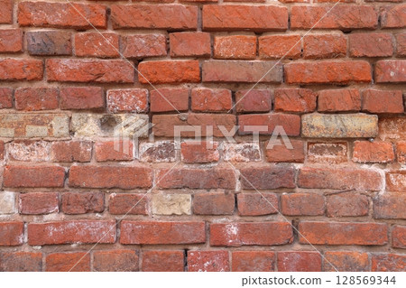 Red grunge brick wall, abstract background texture with old dirty and vintage style pattern. 128569344