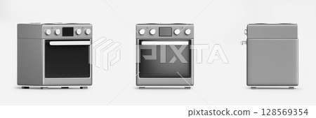 Gas range stove with electric convection oven in stainless steel front, side and angle view. Realistic 3d render set of silver kitchen cooker with burner cooktop and black glass door. 3D illustration 128569354