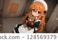 Shy Anime Maid Girl Holding Teddy Bear 128569379