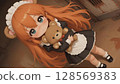 Wide-Eyed Anime Maid Girl Holding Teddy Bear 128569383