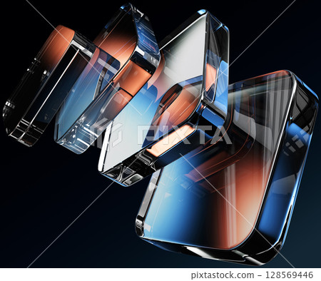 Abstract black 3d background with glass transparent square plate shapes row render. Iridescent crystal cube block pattern with terracotta blue gradient. Futuristic digital tech banner. 3D illustration 128569446