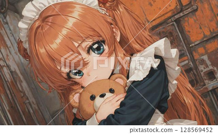 Ginger-Haired Anime Girl Kissing Teddy Bear 128569452