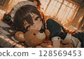 Dreamy Anime Girl and Teddy Bear on Bed 128569453