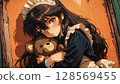 Pensive Black-Haired Anime Girl Hugging Teddy Bear 128569455