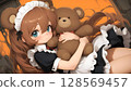 Cute Anime Girl with Bear Ears Hugging Large Teddy Bear 128569457