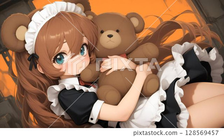 Cute Anime Girl with Bear Ears Hugging Large Teddy Bear 128569457