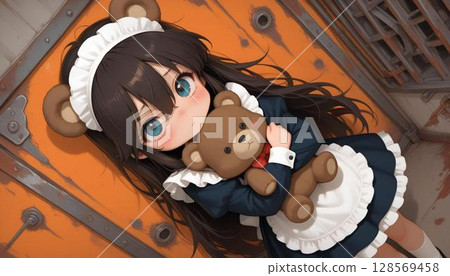 Anime Girl with Bear Ears and Teddy Bear Looking Up 128569458