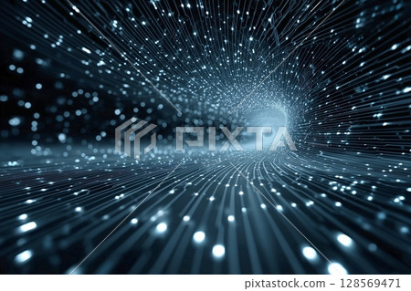 Digital tunnel of light and lines, representing data flow or a circuit board 128569471