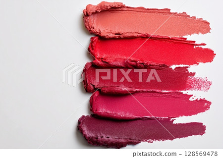 Swatches of various red-toned lipsticks - coral, bright red, deep red, fuchsia, and plum, arranged vertically against a white background 128569478