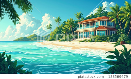 Tropical beach illustration with a large house, palm trees, mountains, and vibrant blue ocean water under a clear sky with clouds 128569479