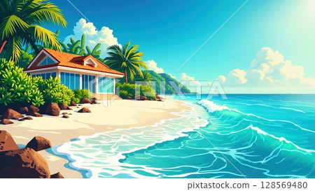 Vibrant illustration of a tropical beach with a modern house, palm trees, turquoise ocean waves, and a sunny sky with clouds 128569480
