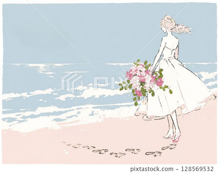 A woman in a dress and a bouquet standing on the beach 128569532