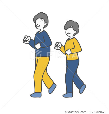 一位瘦弱的老年男子和一位婦女散步的插圖 128569670