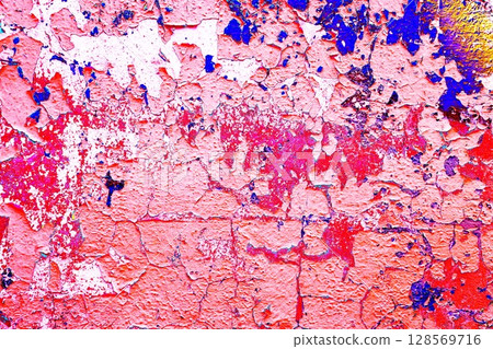 wall texture background with peeling old paint. Changed color scheme. Bright colors. 128569716