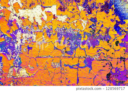 wall texture background with peeling old paint. Changed color scheme. Bright colors. 128569717