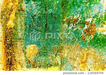 wall texture background with peeling old paint. Changed color scheme. Bright colors. 128569744