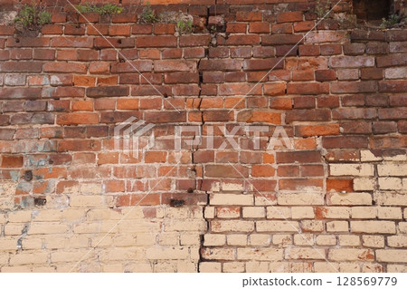 Red grunge brick wall, abstract background texture with old dirty and vintage style pattern. 128569779
