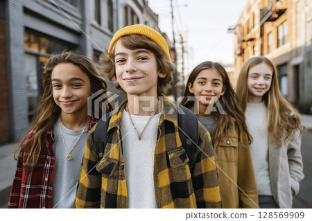 Group of diverse children walking together on a city street, ready for back to school season 128569909