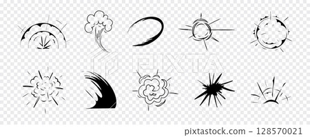 Explosion effect comic manga line sketch. Motion anime explode, radial action burst. Round explosions cloud silhouette on transparent background. 128570021
