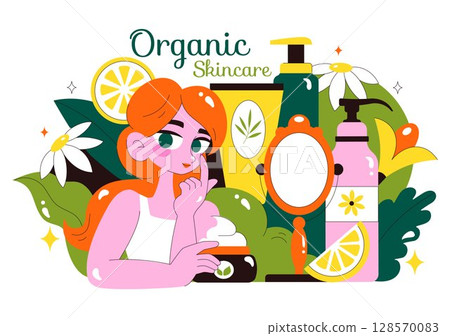 Natural Skin Care Vector Illustration featuring Women Applying Cosmetic Face Skincare Products Made with Organic Ingredients in a Flat Background 128570083