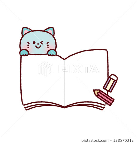 An open notebook with a cute cat, pencil and eraser 128570312