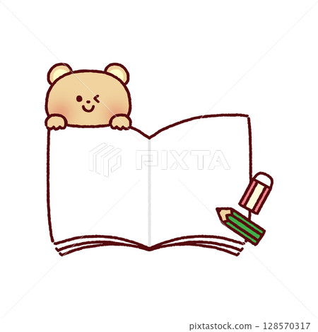 An open notebook with a cute bear, pencil and eraser An open notebook with a cute bear, pencil and eraser 128570317
