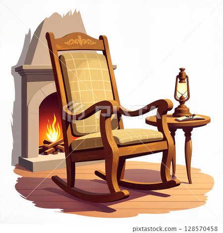 Cozy rocking chair beside fireplace in warm interior, comforting nostalgia 128570458