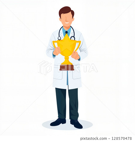 Doctor proudly holding golden award trophy, achievement recognition 128570478