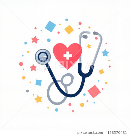 Illustration of a stethoscope and medical symbols on white background, health concept 128570481